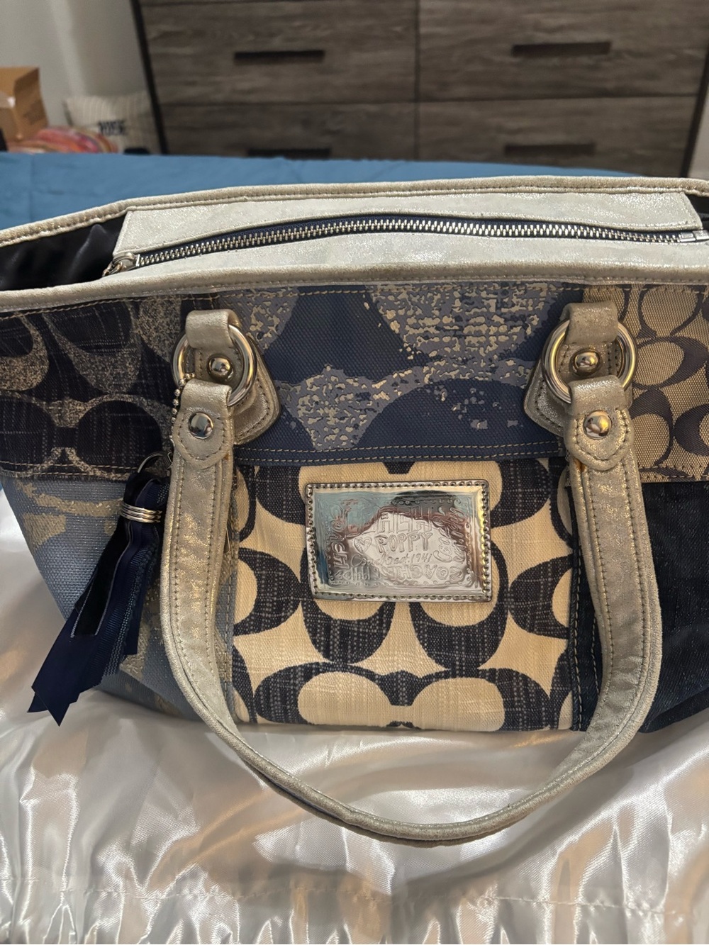 Coach Poppy Signature Navy and Cream Tote with Metallic Accents
